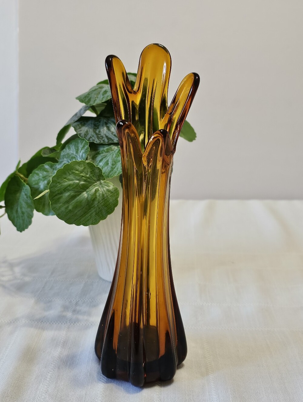 Vintage MCM Amber 5 Finger Art Glass Vase Taiwan 1960s 70s